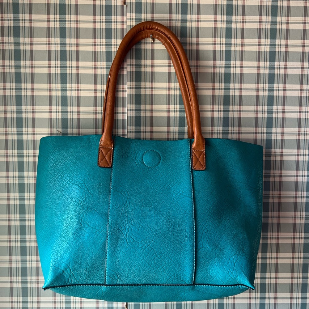 Leather Teal Tote Bag with Brown Handles